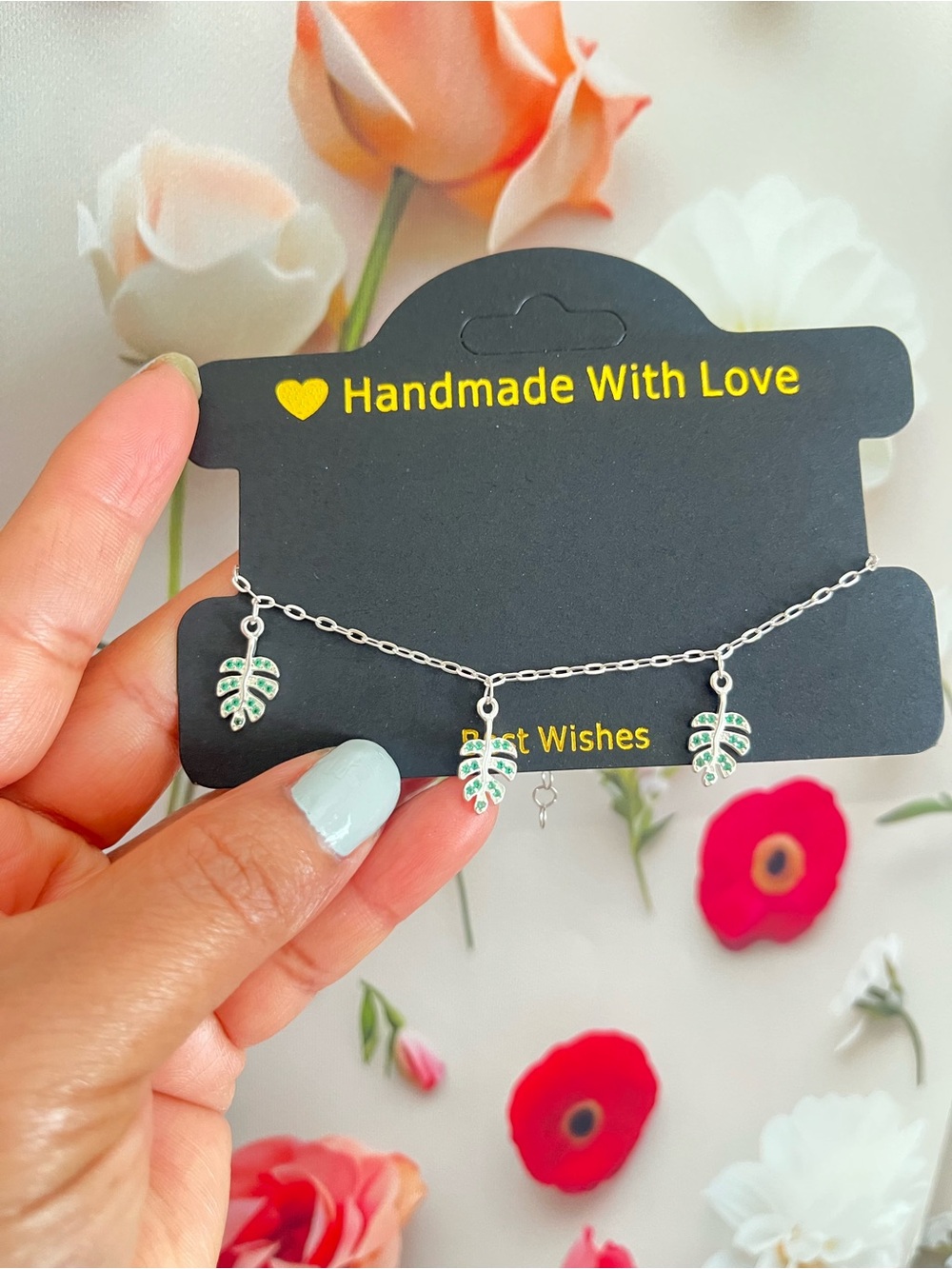 Silver Chain Necklace with Green Leaf Charms